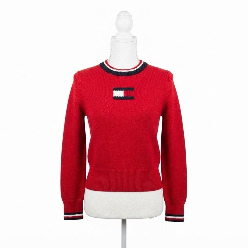 VTG Tommy Hilfiger Red Cotton Crew Neck Logo Sweater Womens Small Petite S/P